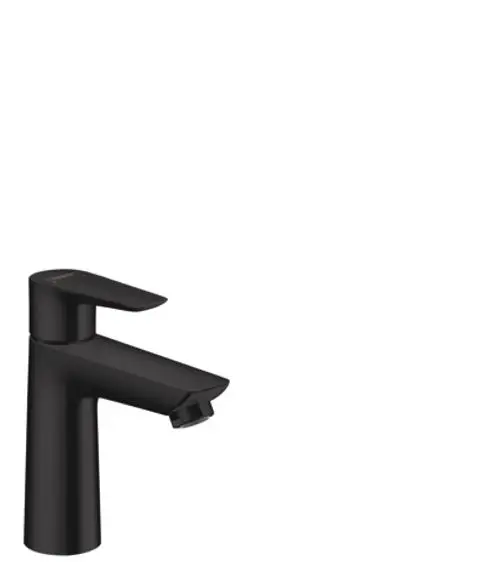 Waschtischmischer in mattschwarz von Hansgrohe mit einem Hebel und abgerundeter Form, ausgestattet mit einer Zugstangen-Ablaufgarnitur.